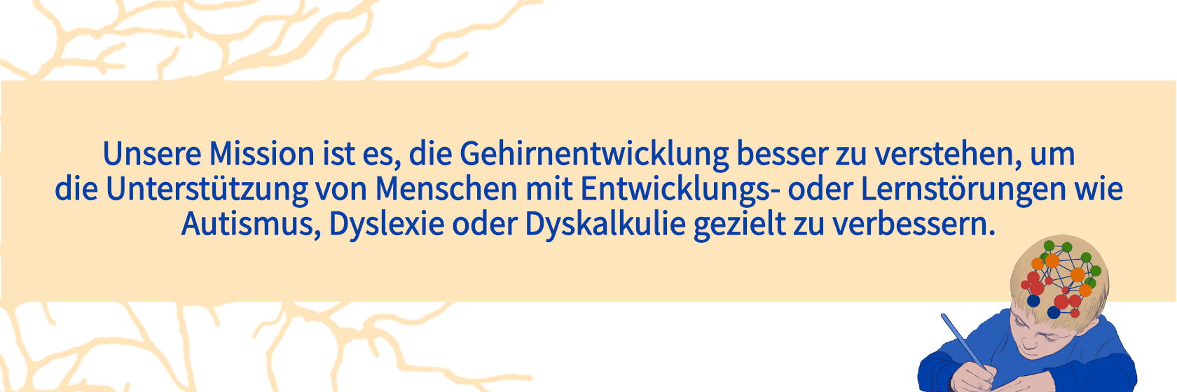 Unsere Mission ist es, die Gehirnetwicklung besser zu verstehen, um die Unterstützung von Menschen mit Entwicklungs- oder Lernstörungen wie Autismus, Dyslexie oder Dyskalkulie gezielt zu verbessern. 